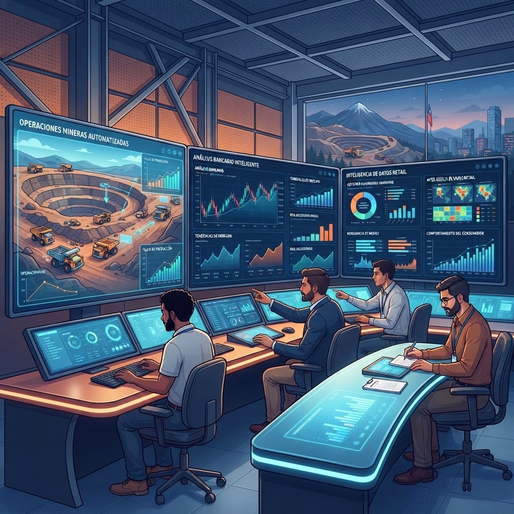 Sala de control con ingenieros monitoreando analítica impulsada por IA en industrias chilenas Sala de control con ingenieros monitoreando analítica impulsada por IA en industrias chilenas