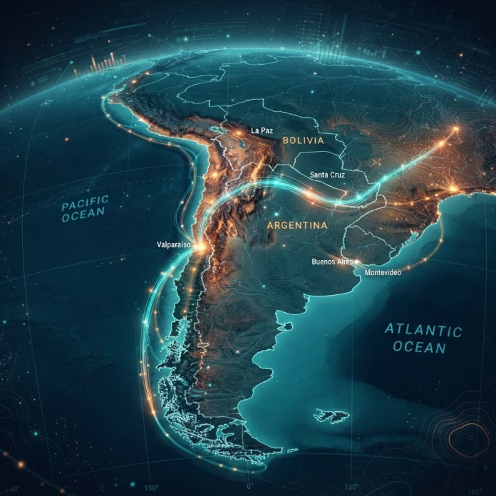 Haz de luz recorriendo una fibra óptica que cruza los Andes desde el Pacífico hacia el Atlántico