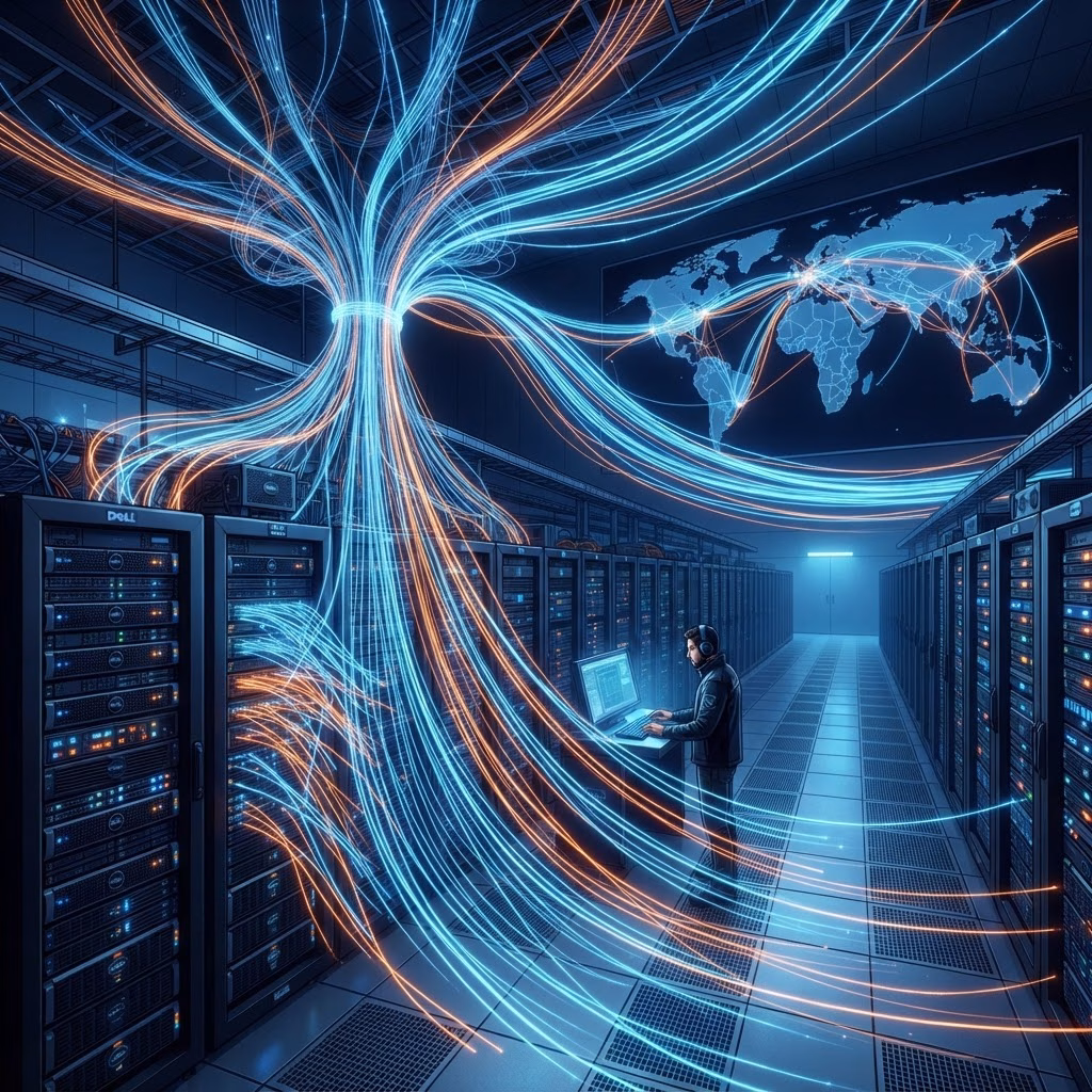 corredor bioceánico de fibra óptica Cables de fibra óptica convergiendo en los racks de un centro de datos con tráfico internacional