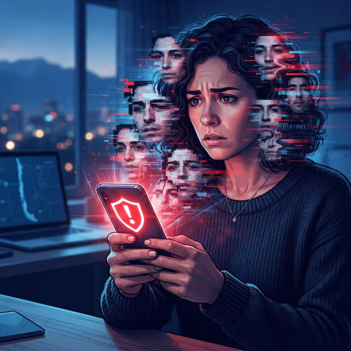 Persona mirando un smartphone con rostro distorsionado estilo deepfake emergiendo de la pantalla, representando el temor a los fraudes con IA