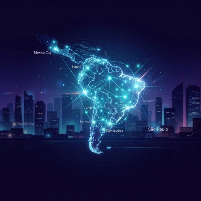 Mapa de América Latina con redes neuronales representando el avance de la inteligencia artificial en la región