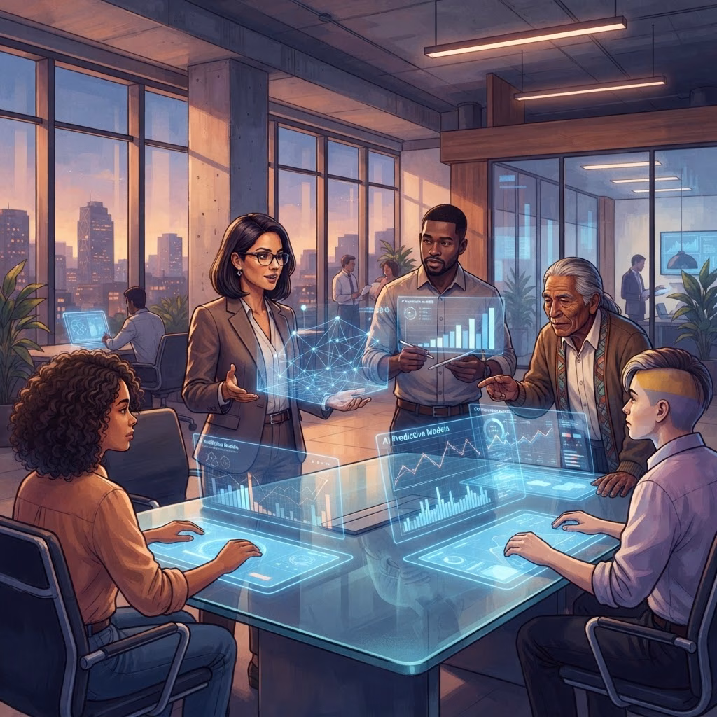 Profesionales en una oficina latinoamericana utilizando paneles de datos con inteligencia artificial Profesionales en una oficina latinoamericana utilizando paneles de datos con inteligencia artificial