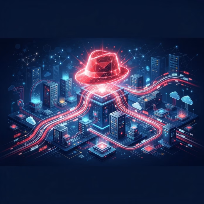 Sombrero fedora rojo sobre una infraestructura digital de nube híbrida, representando a Red Hat y el código abierto empresarial
